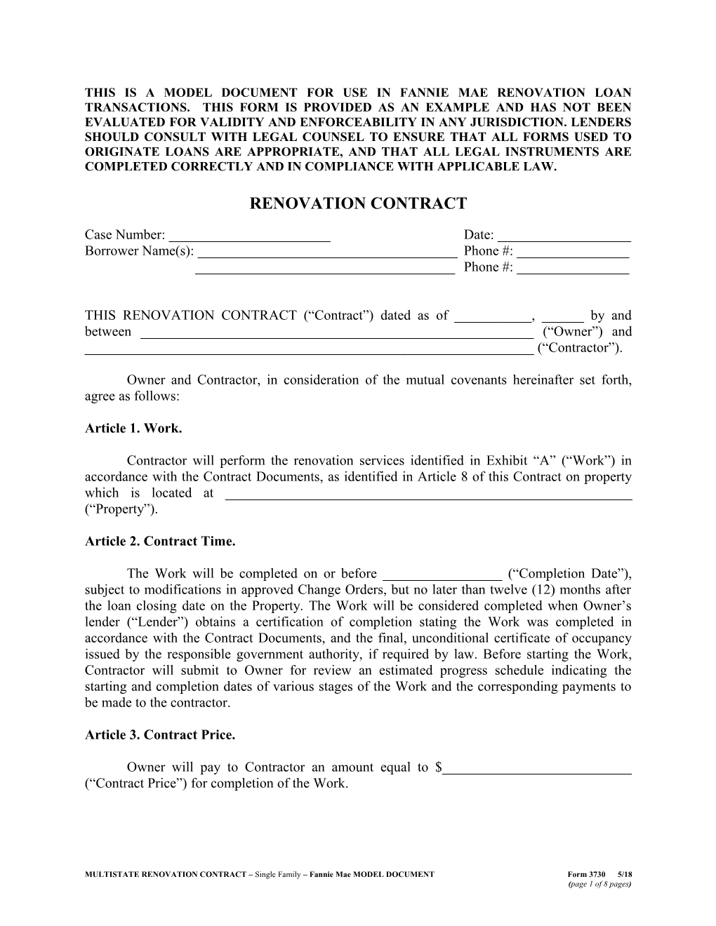 This Is a Model Document for Use in Fannie Mae Renovation Loan Transactions. This Form