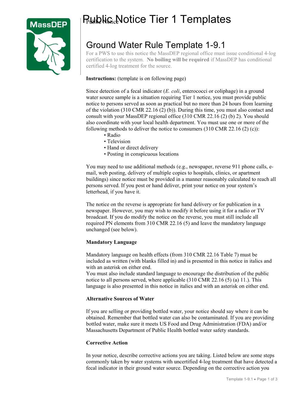 Ground Water Rule Template 1-9.1