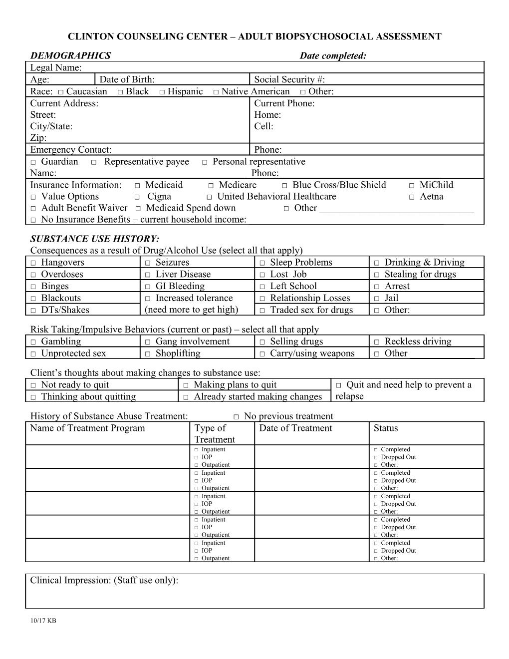 Clinton Counseling Center Biopsychosocial Assessment