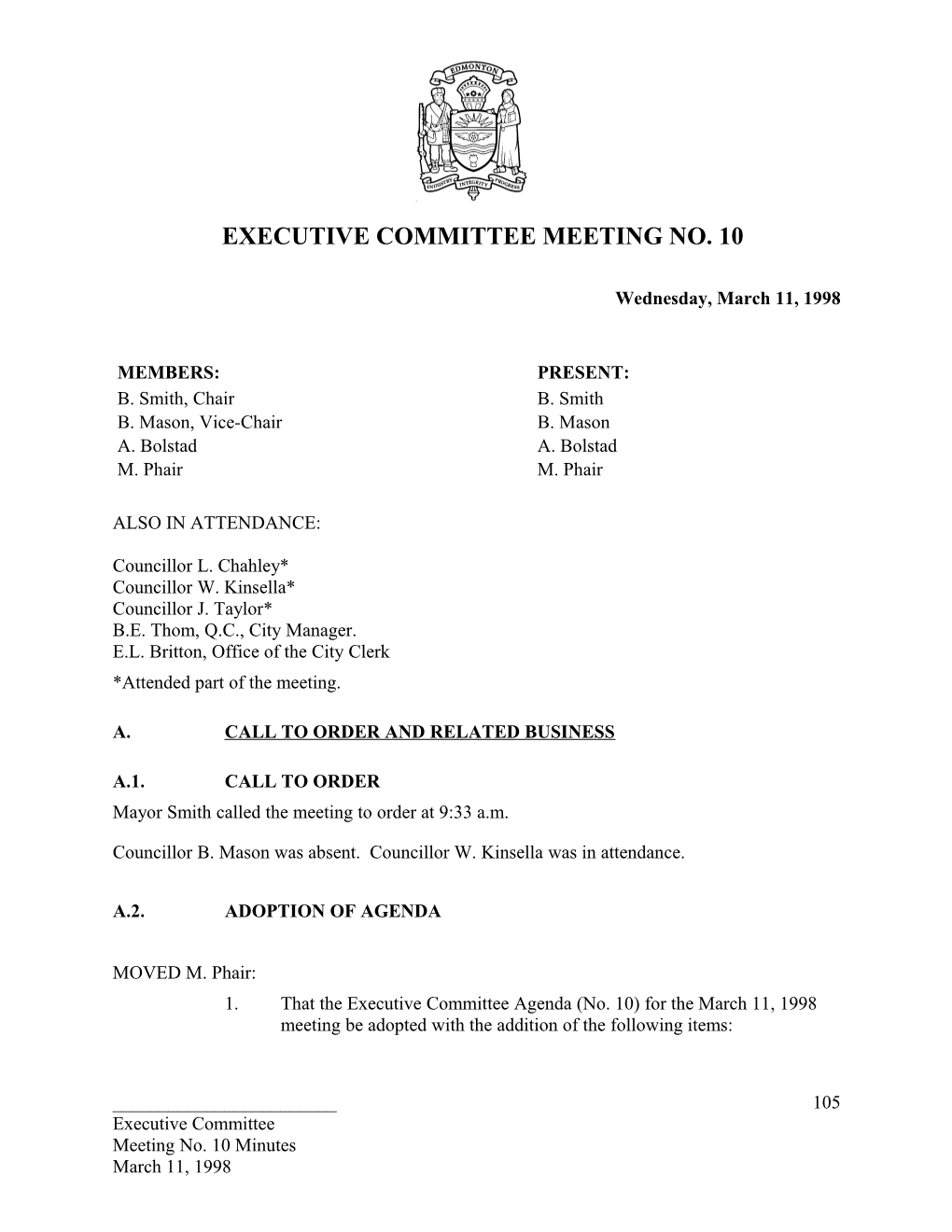 Minutes for Executive Committee March 11, 1998 Meeting