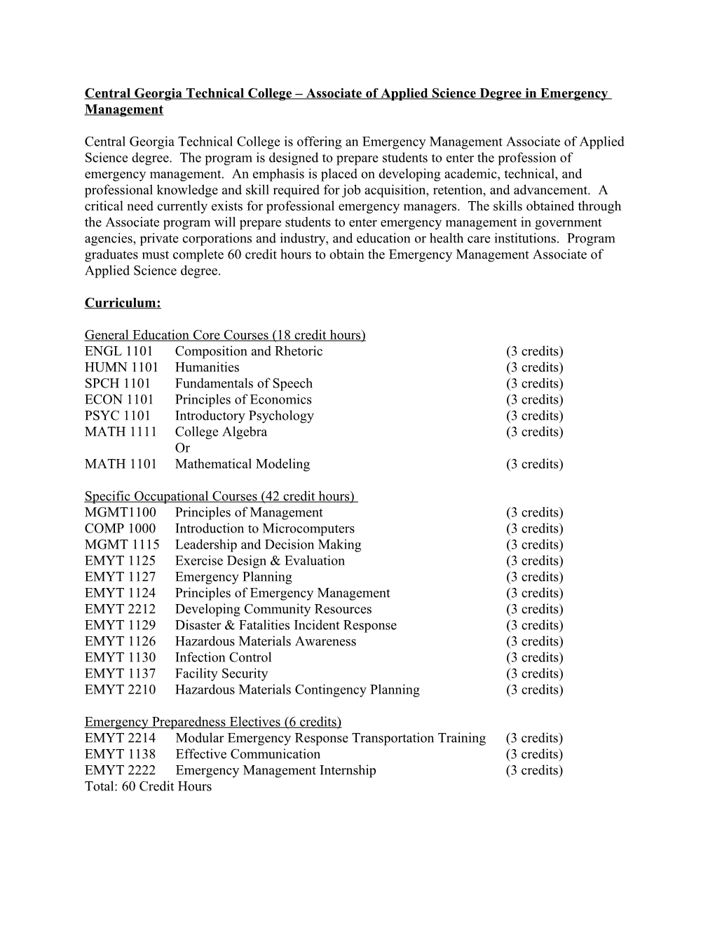 Central Georgia Technical College Associate of Applied Science Degree in Emergency Management