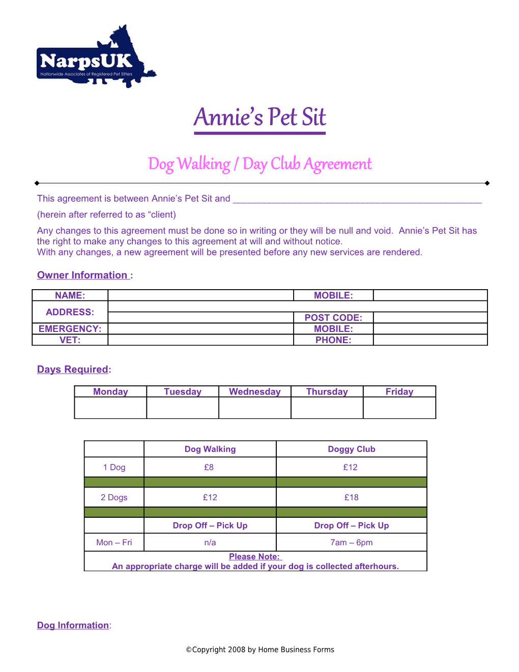 Dog Walking / Day Club Agreement