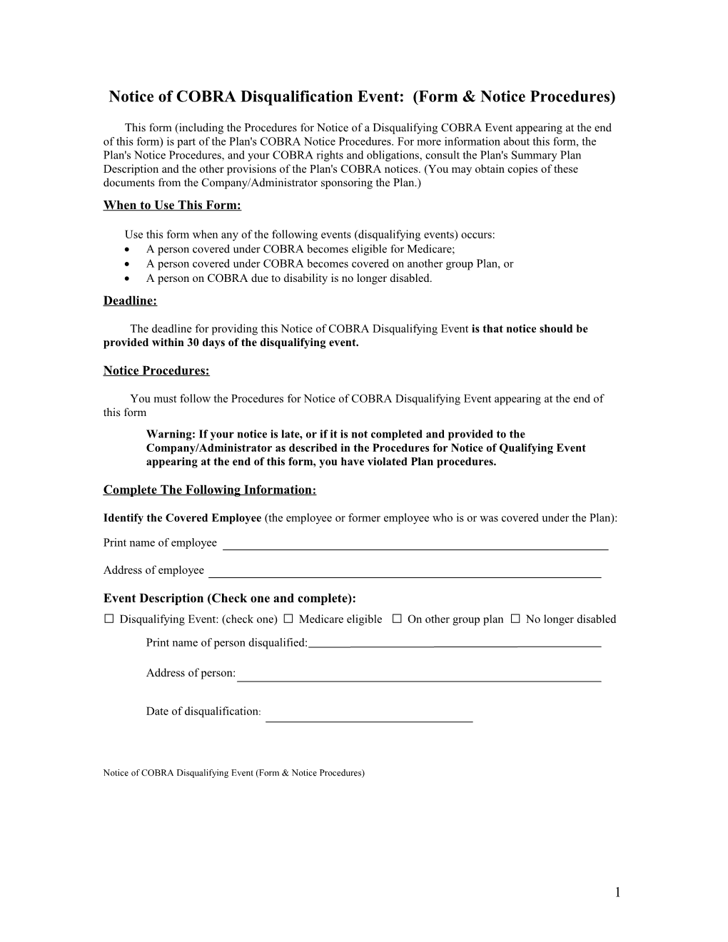 Notice of COBRA Disqualification Event: (Form & Notice Procedures)