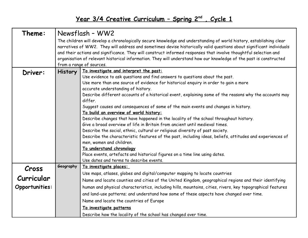 Year 3/4 Creative Curriculum Spring 2Nd , Cycle 1