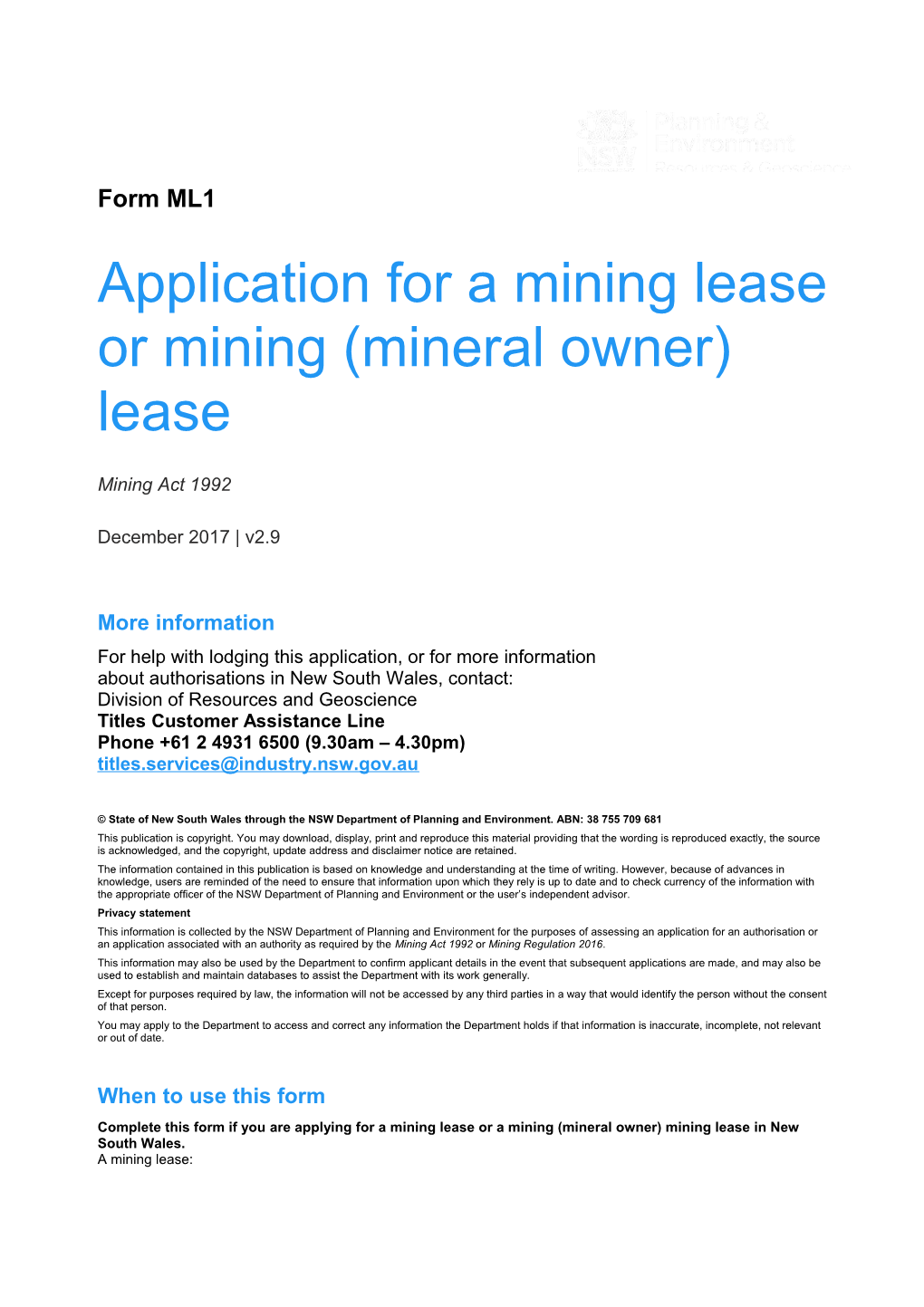 ML1 Application for a Mining Lease