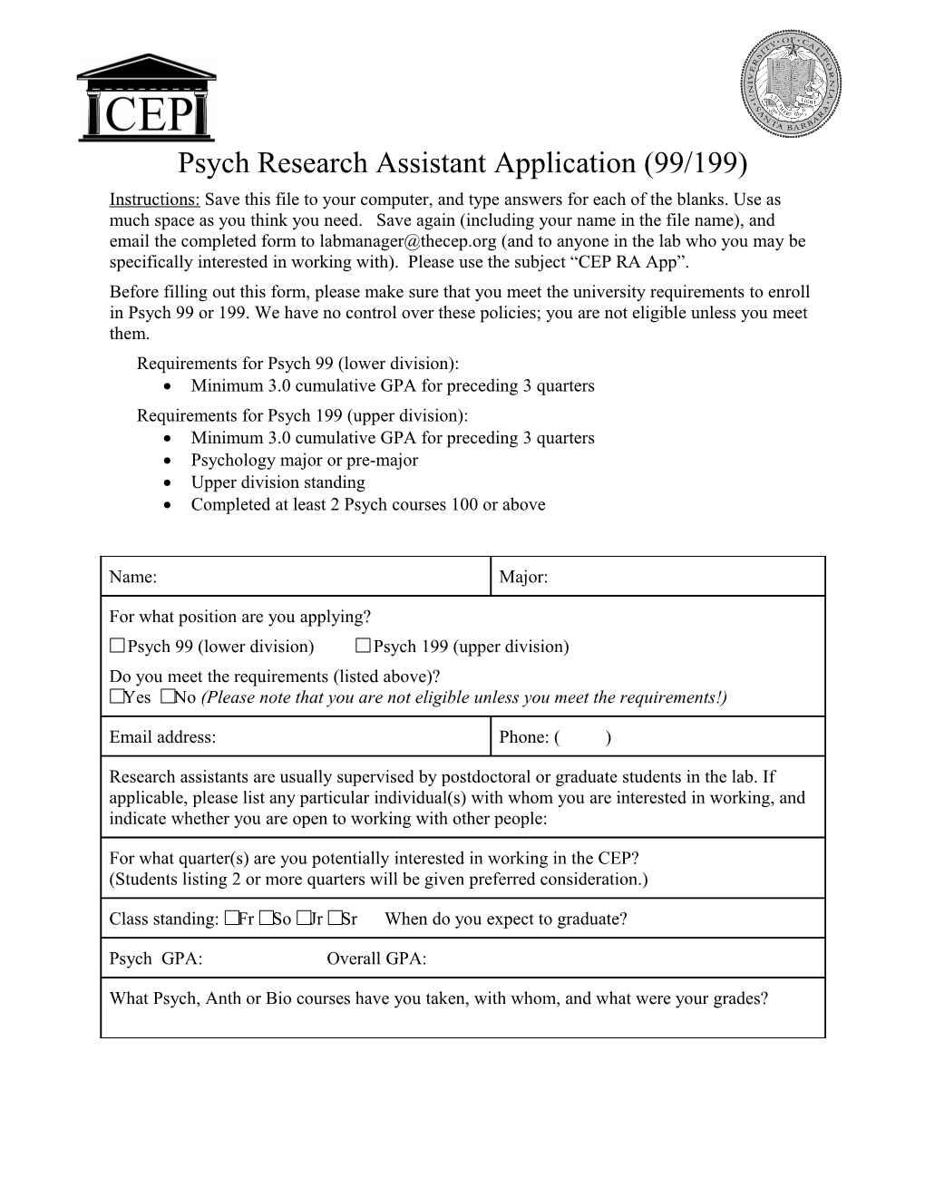 Psych Research Assistant Application (99/199)