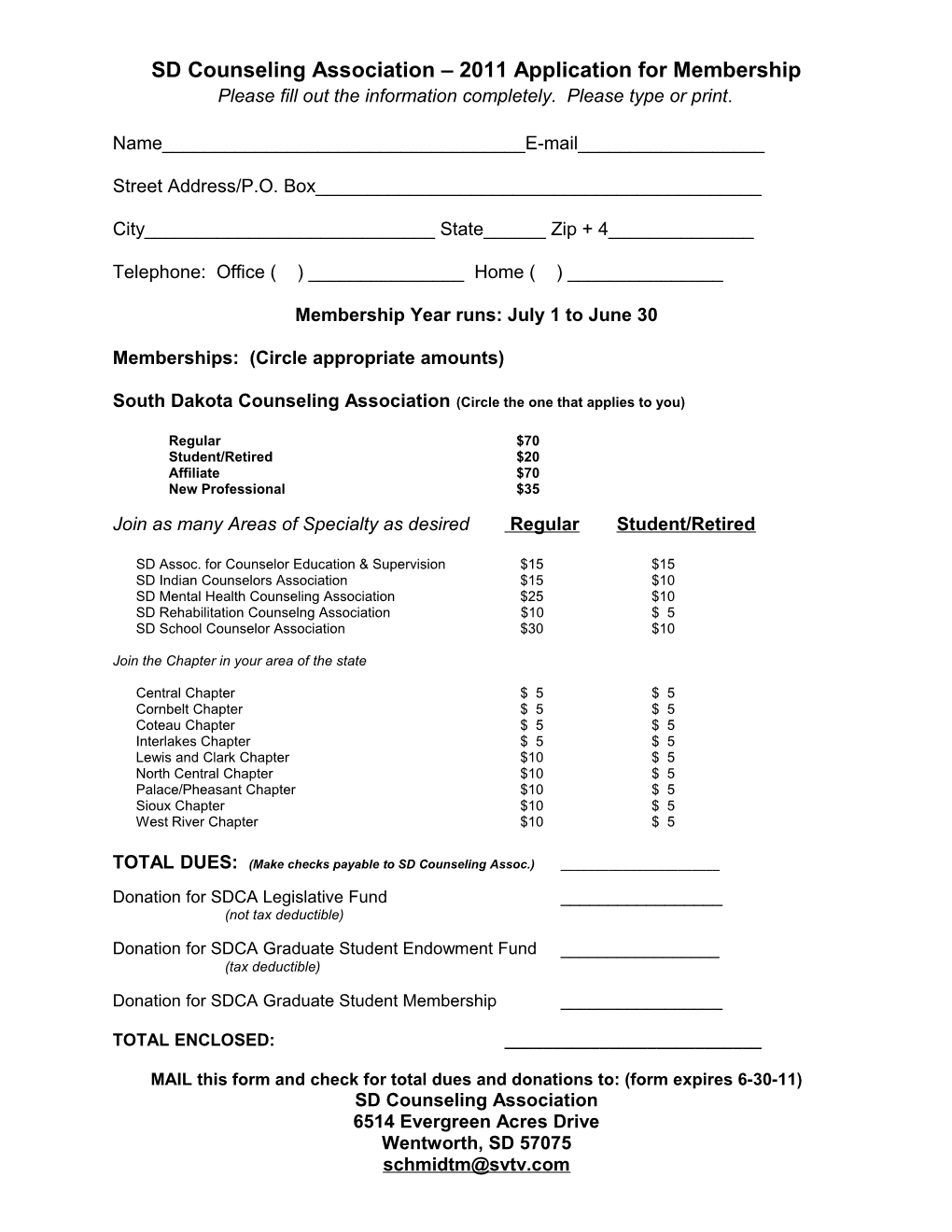 SD Counseling Association - Application for Membership