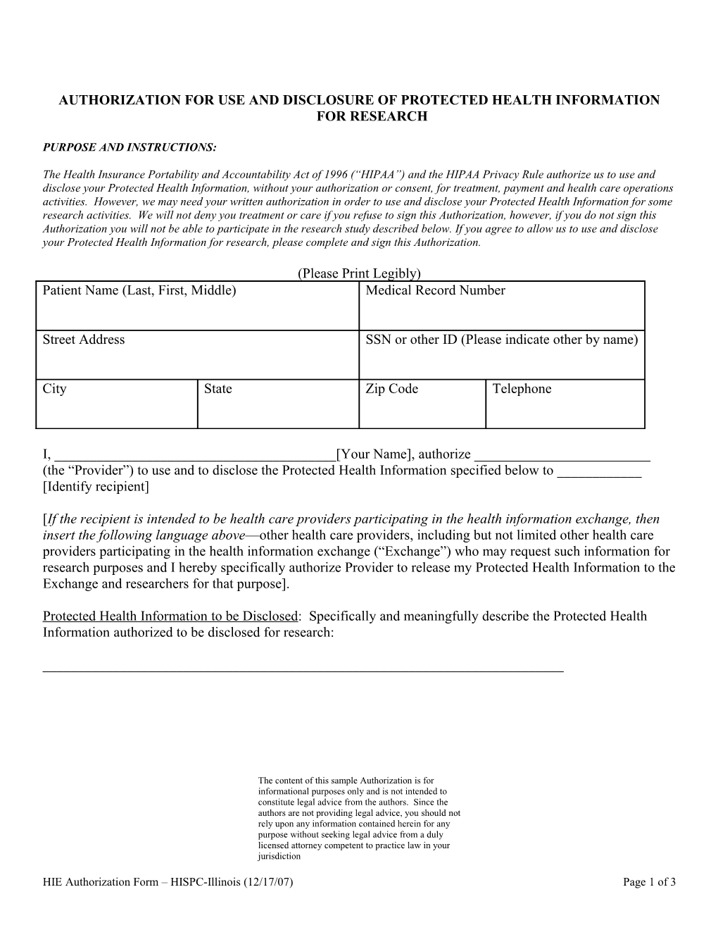 Authorization for Use and Disclosure of Protected Health Information