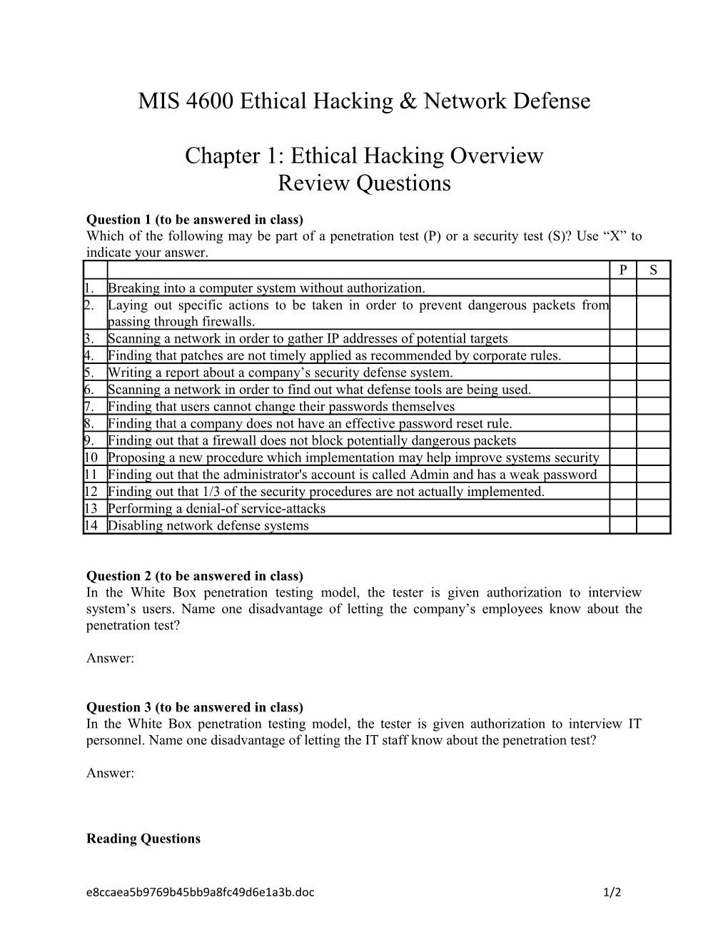 MIS 4600 Ethical Hacking & Network Defense