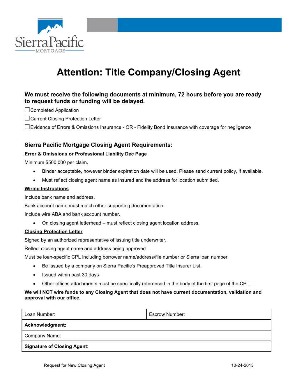 Attention Title Company / Closing Agent
