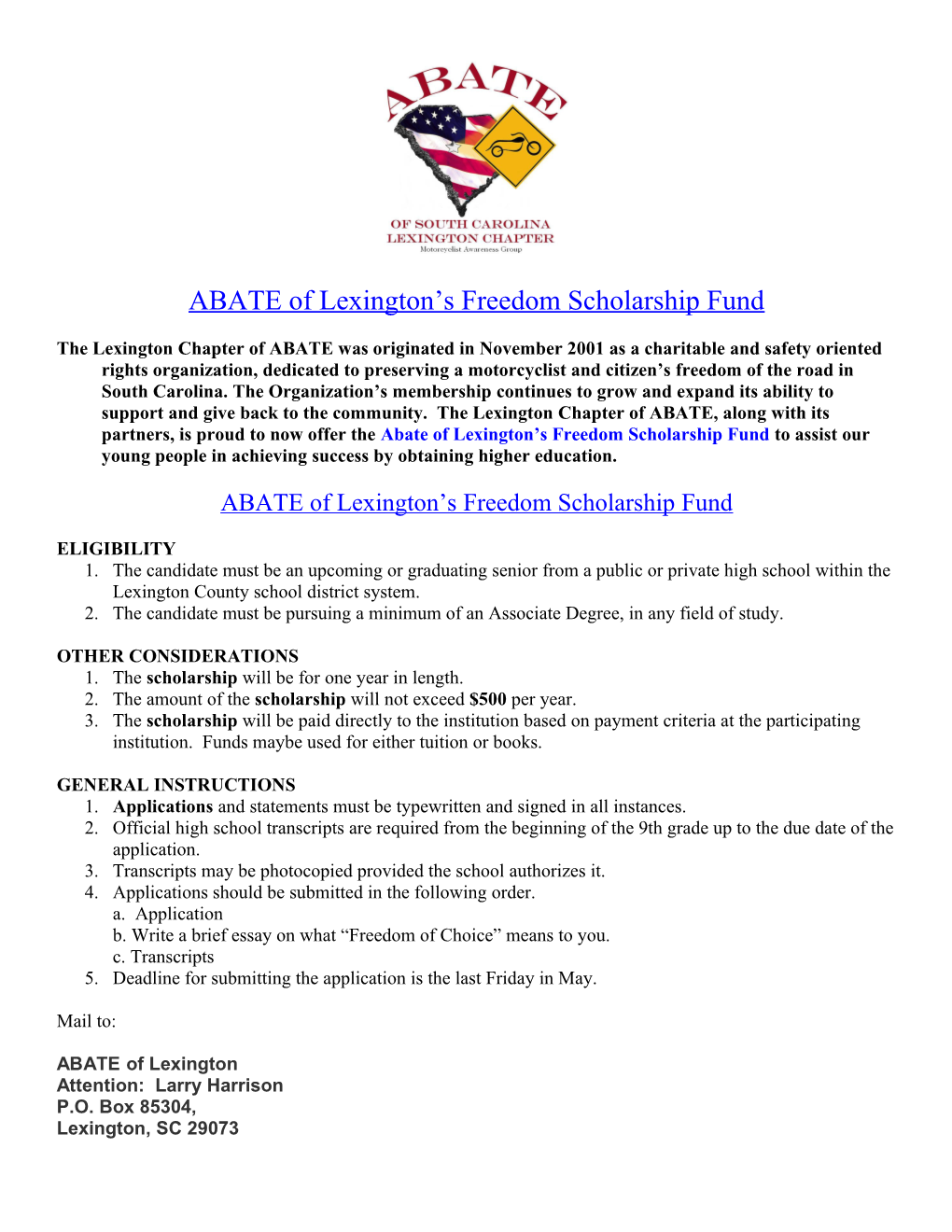 ABATE of Lexington S Freedom Scholarship Fund