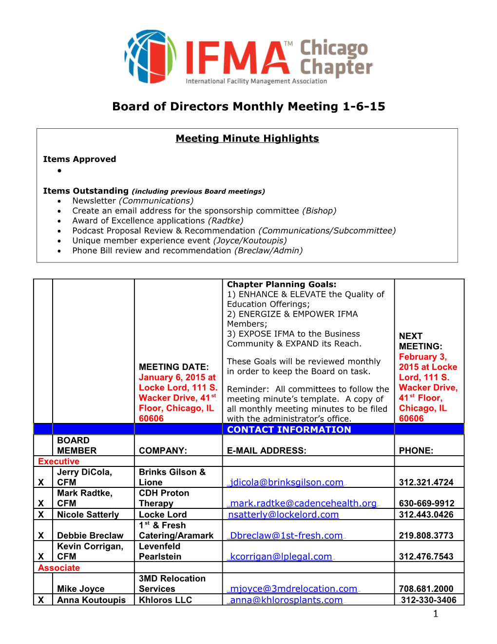 Board of Directors Monthly Meeting1-6-15