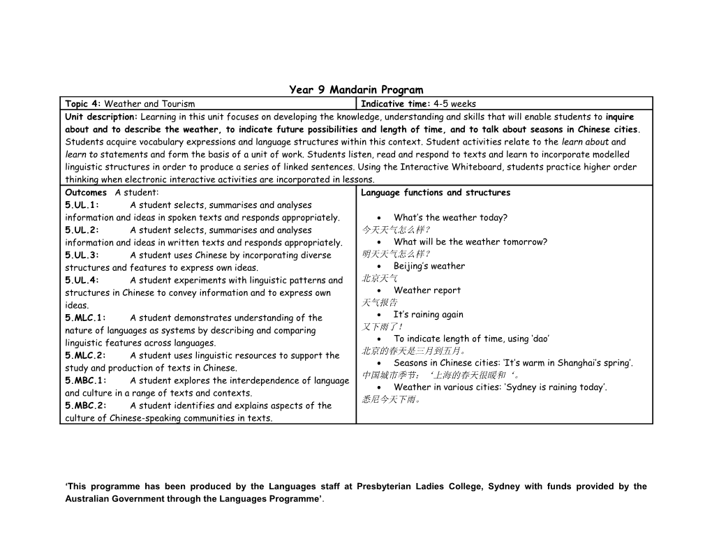 Year 9 Mandarin Program