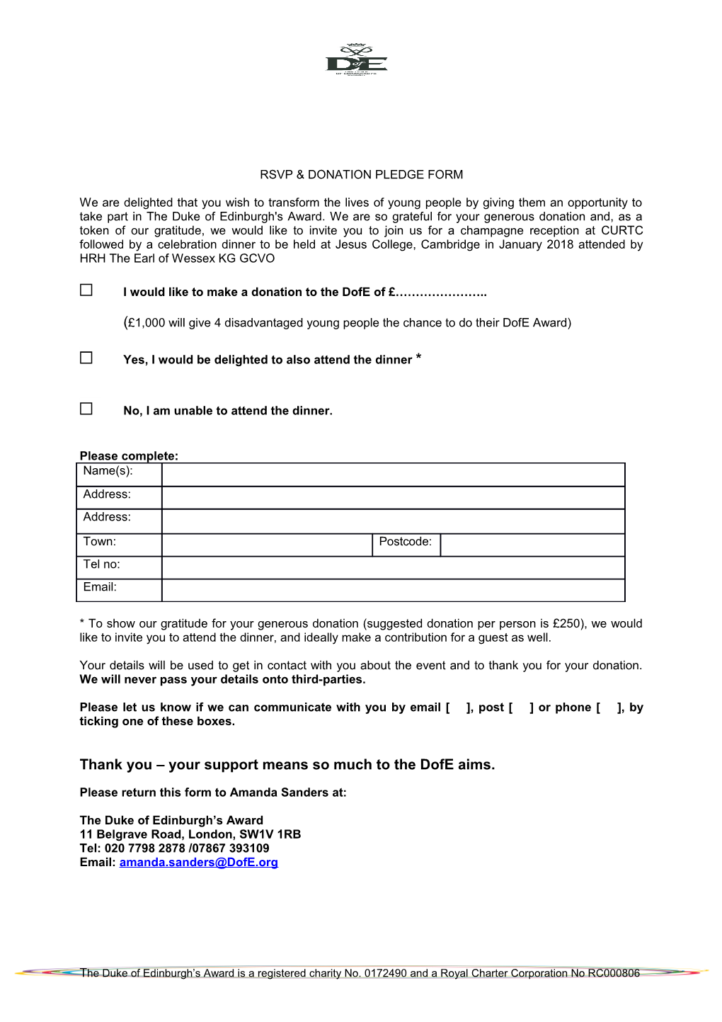 Rsvp & Donation Pledge Form