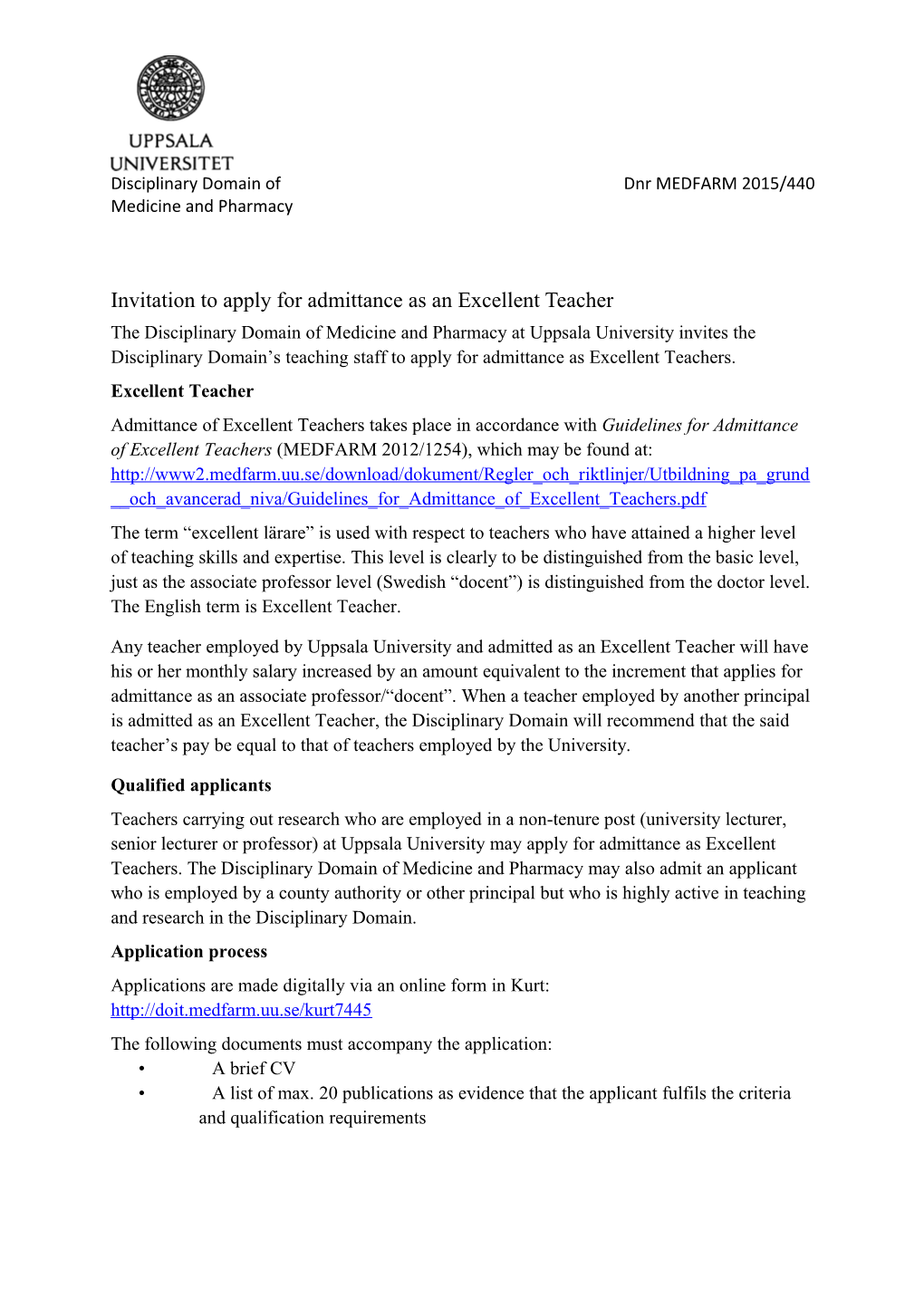 Invitation to Apply for Admittance As an Excellent Teacher