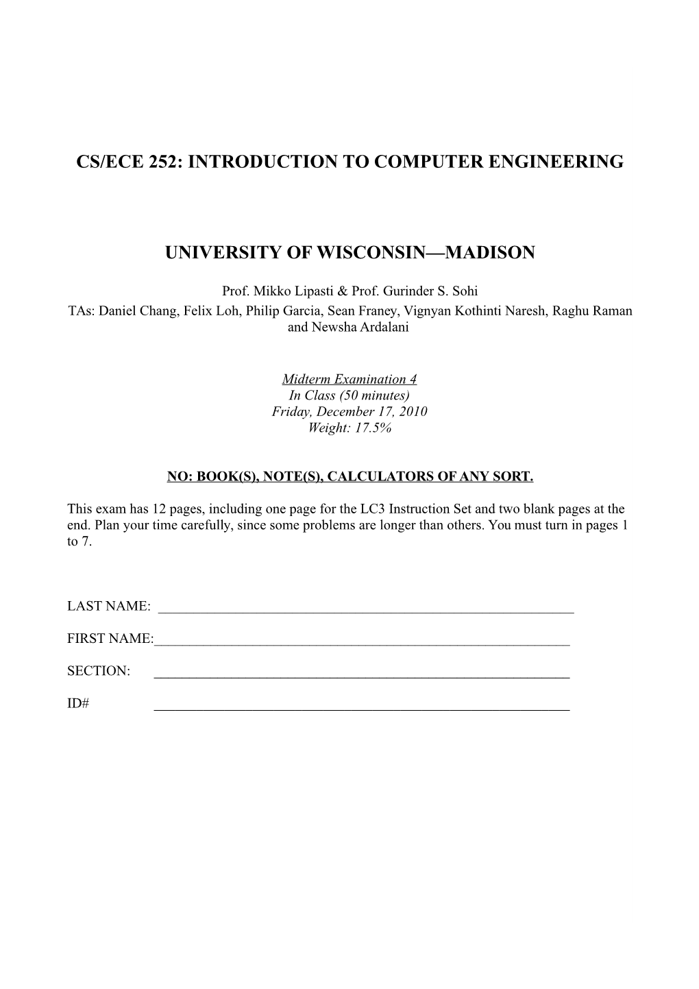 Cs/Ece 252: Introduction to Computer Engineering