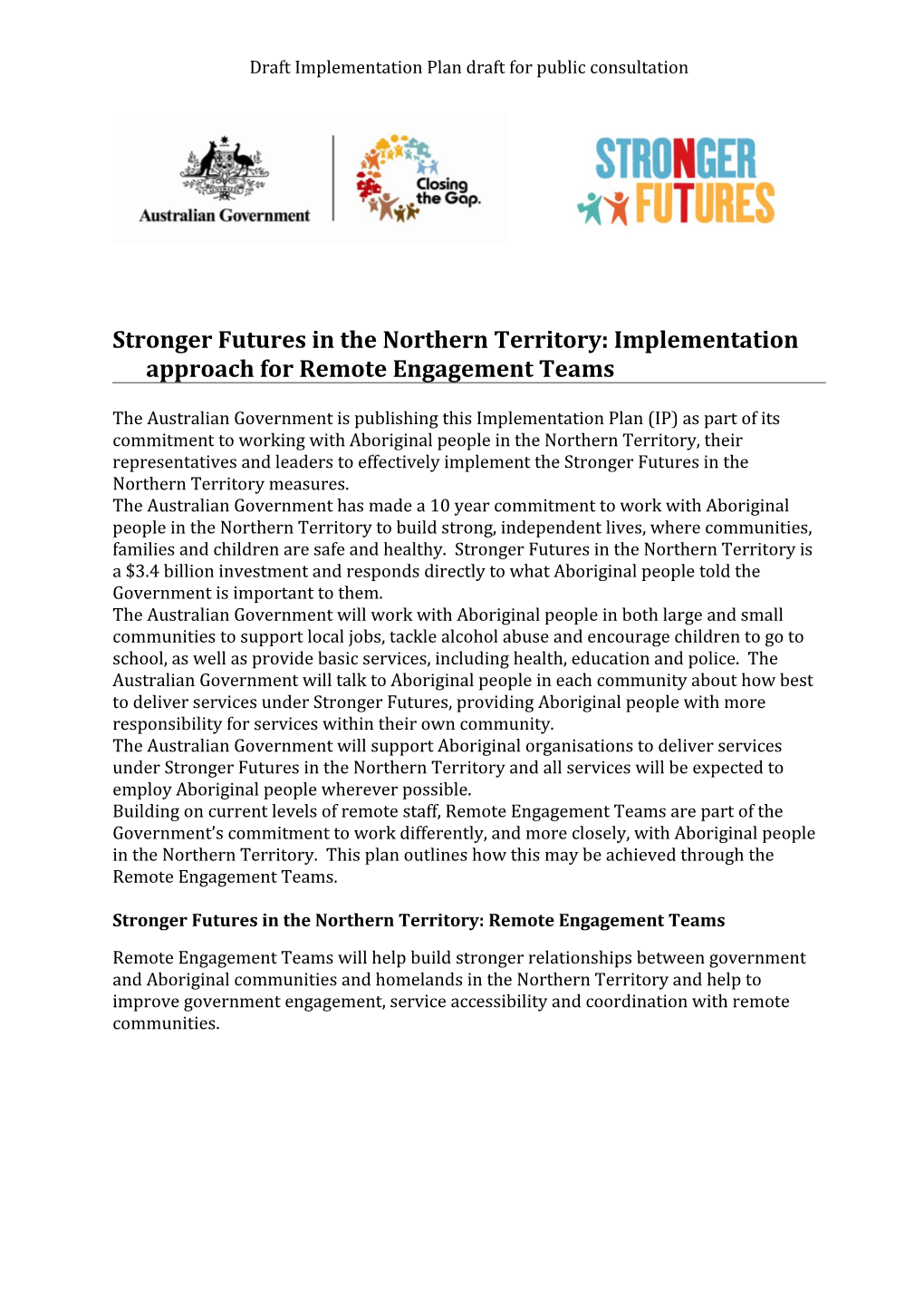 Stronger Futures in the Northern Territory: Impementation Approch for Remote Engagaement Teams