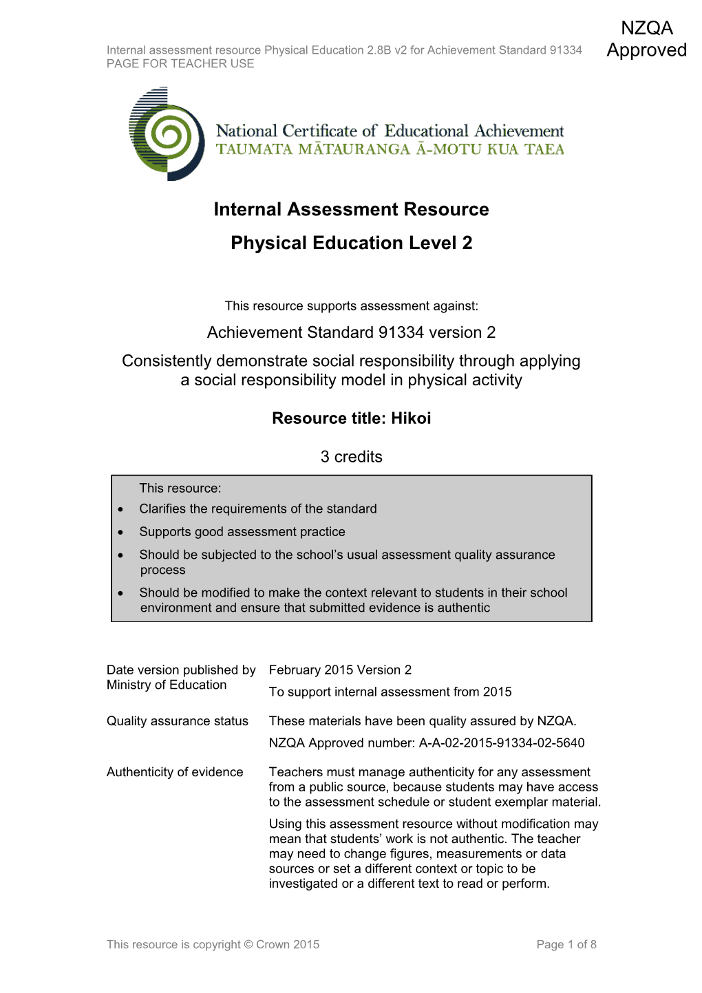 Level 2 Physical Education Internal Assessment Resource