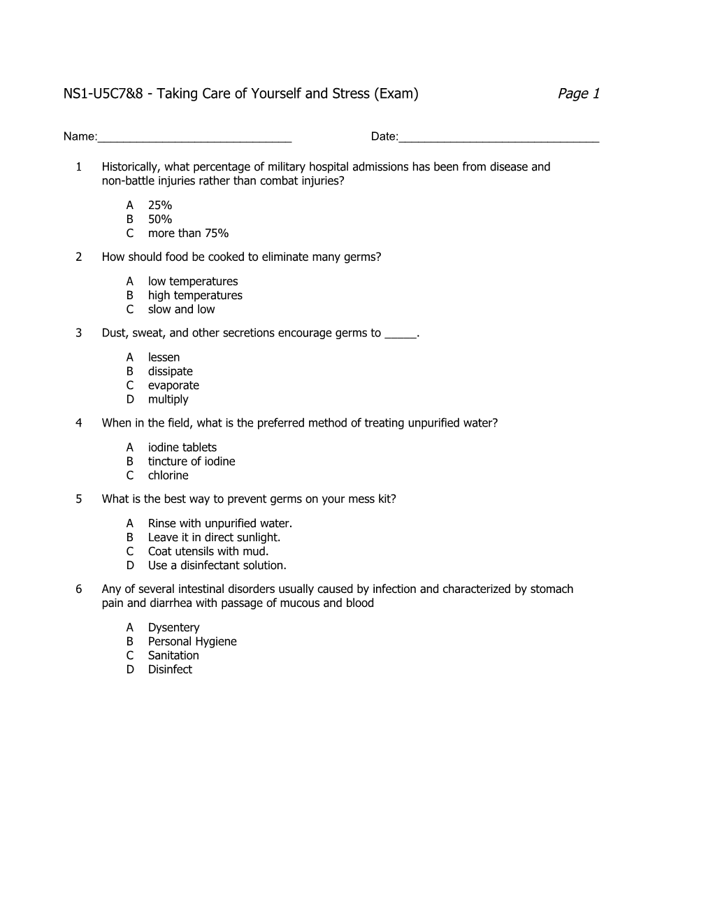 NS1-U5C7&8 - Taking Care of Yourself and Stress (Exam)Page 1