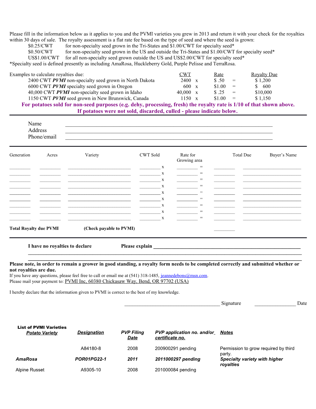 Please Fill in the Information Below As It Applies to You and the PVMI Varieties You Grew