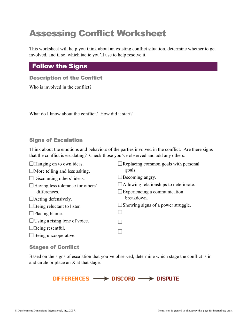 Assessing Conflict Worksheet