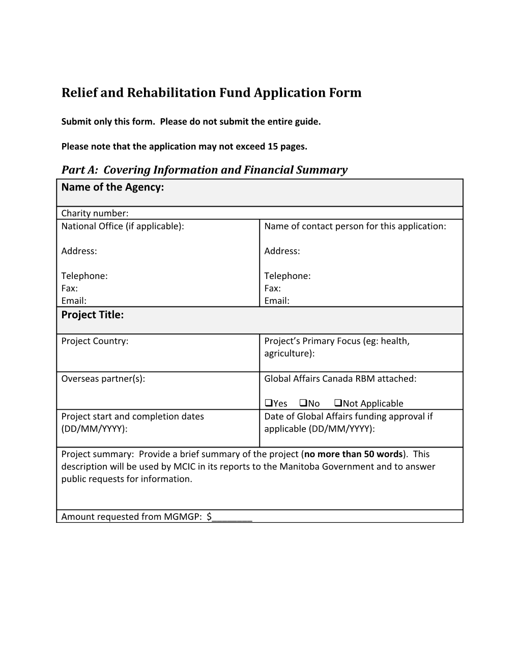 Relief and Rehabilitation Fund Application Form