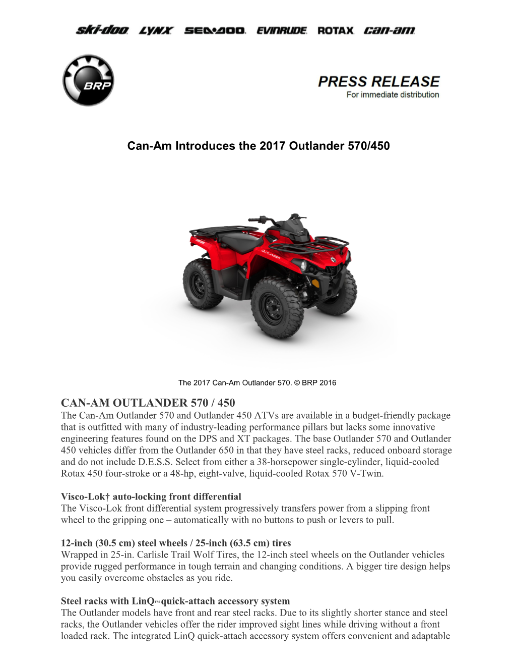 Can-Am Introduces the 2017Outlander 570/450
