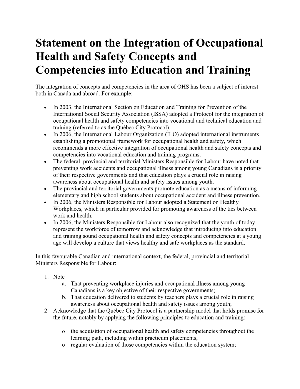 Statement on the Integration of Occupational Health and Safety Concepts and Competencies