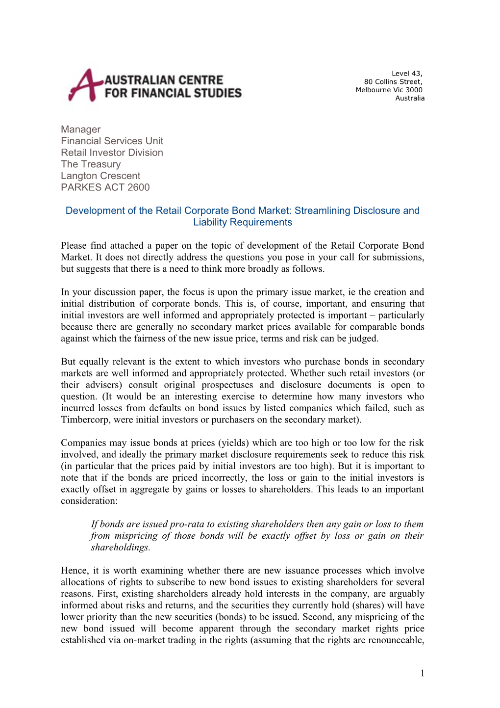 Submission: Discussion Paper - Development of the Retail Corporate Bond Market: Streamlining