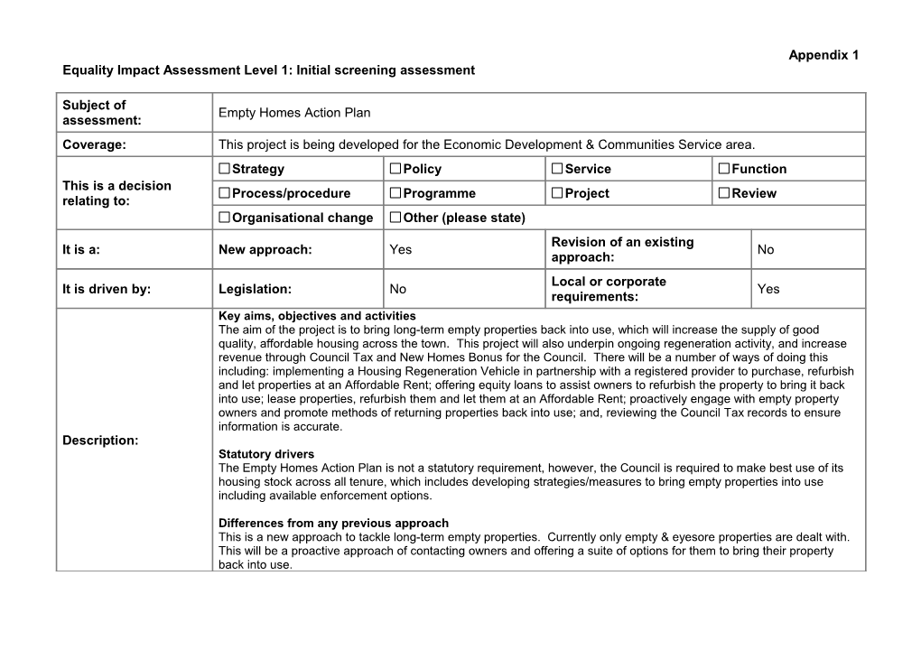 Equality Impact Assessment Level 1: Initial Screening Assessment