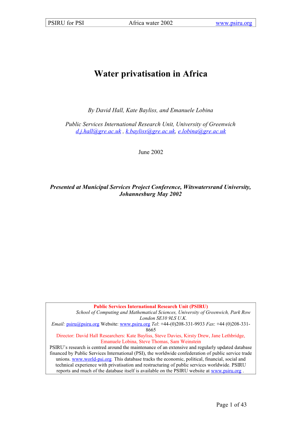 PSIRU for Psiafrica Water 2002