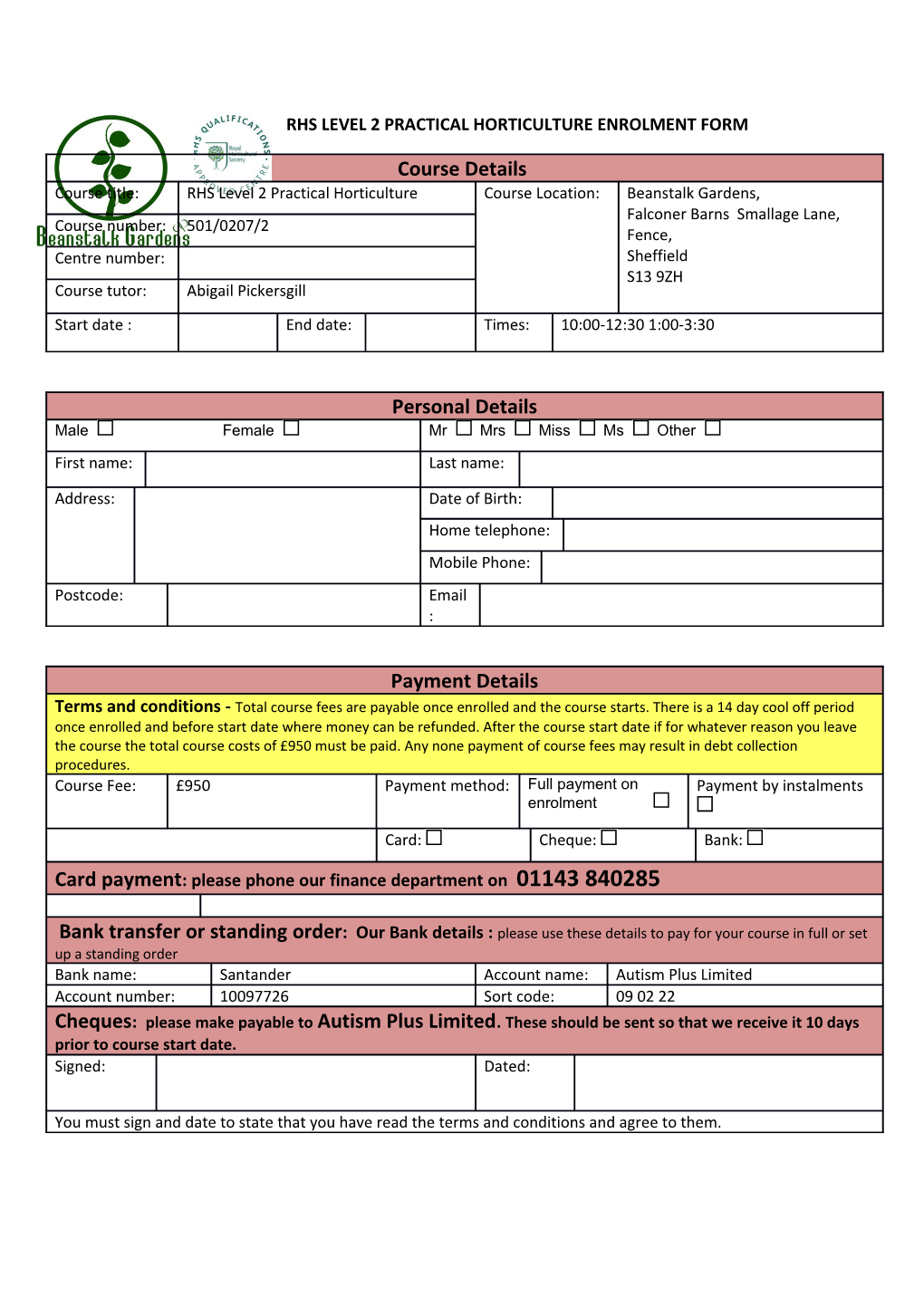 Rhs Level 2 Practical Horticulture Enrolment Form