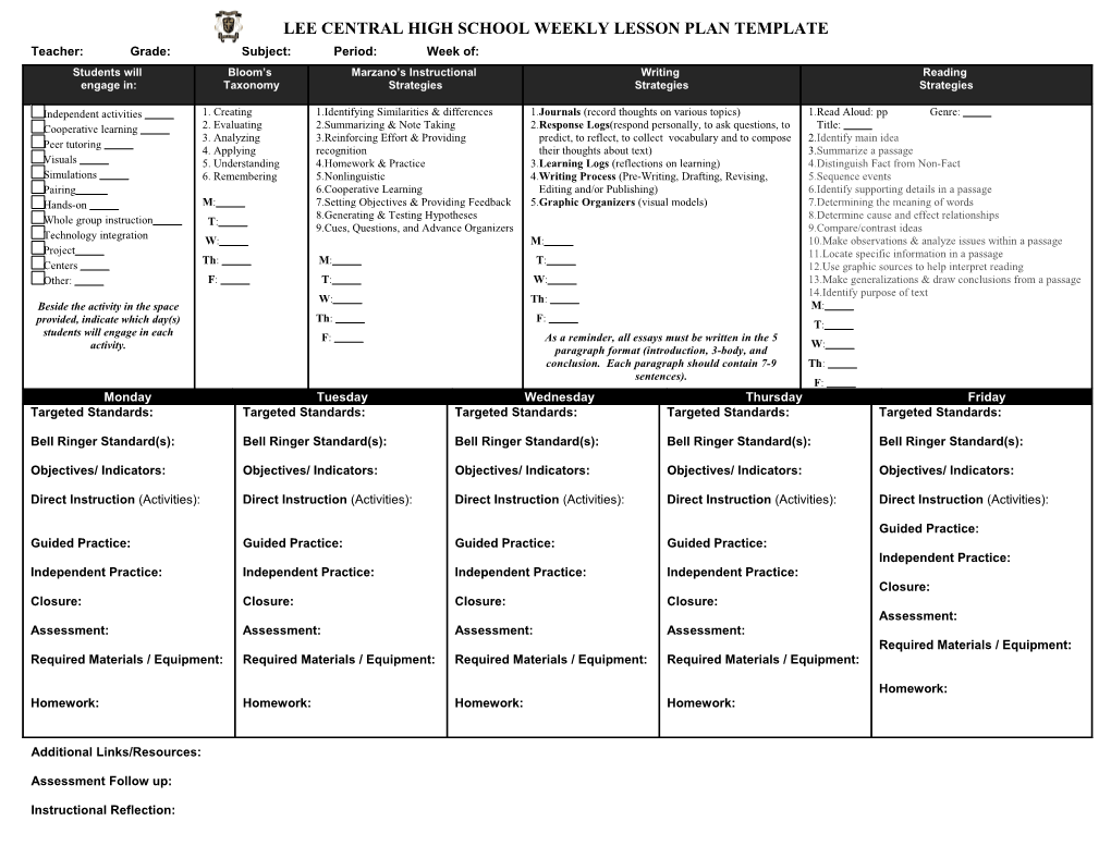 Lee Central High School Weekly Lesson Plan Template