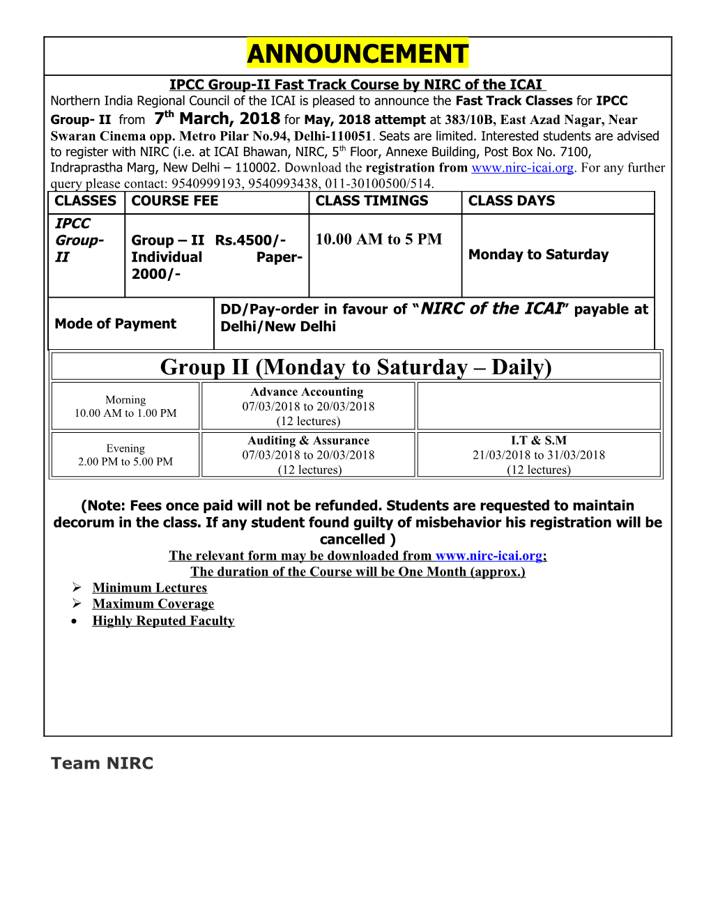 Form of Fast Track Classes for Ipcc Group-Ii