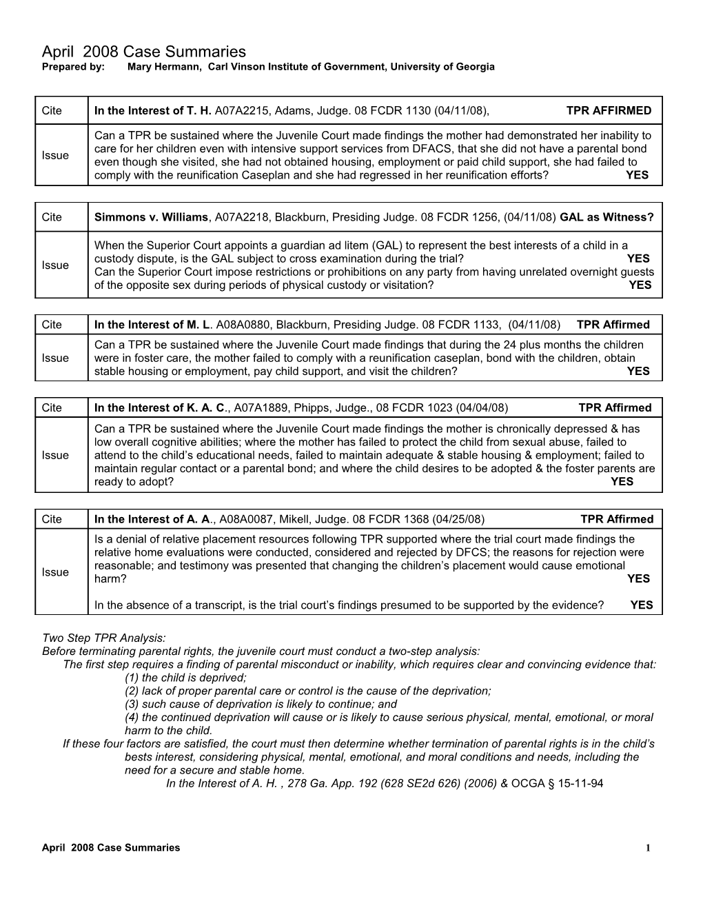 Prepared By: Mary Hermann, Carl Vinson Institute of Government, University of Georgia