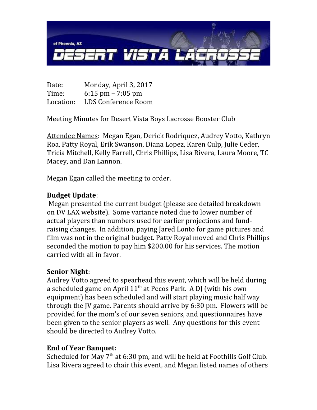 Meeting Minutes for Desert Vista Boys Lacrosse Booster Club