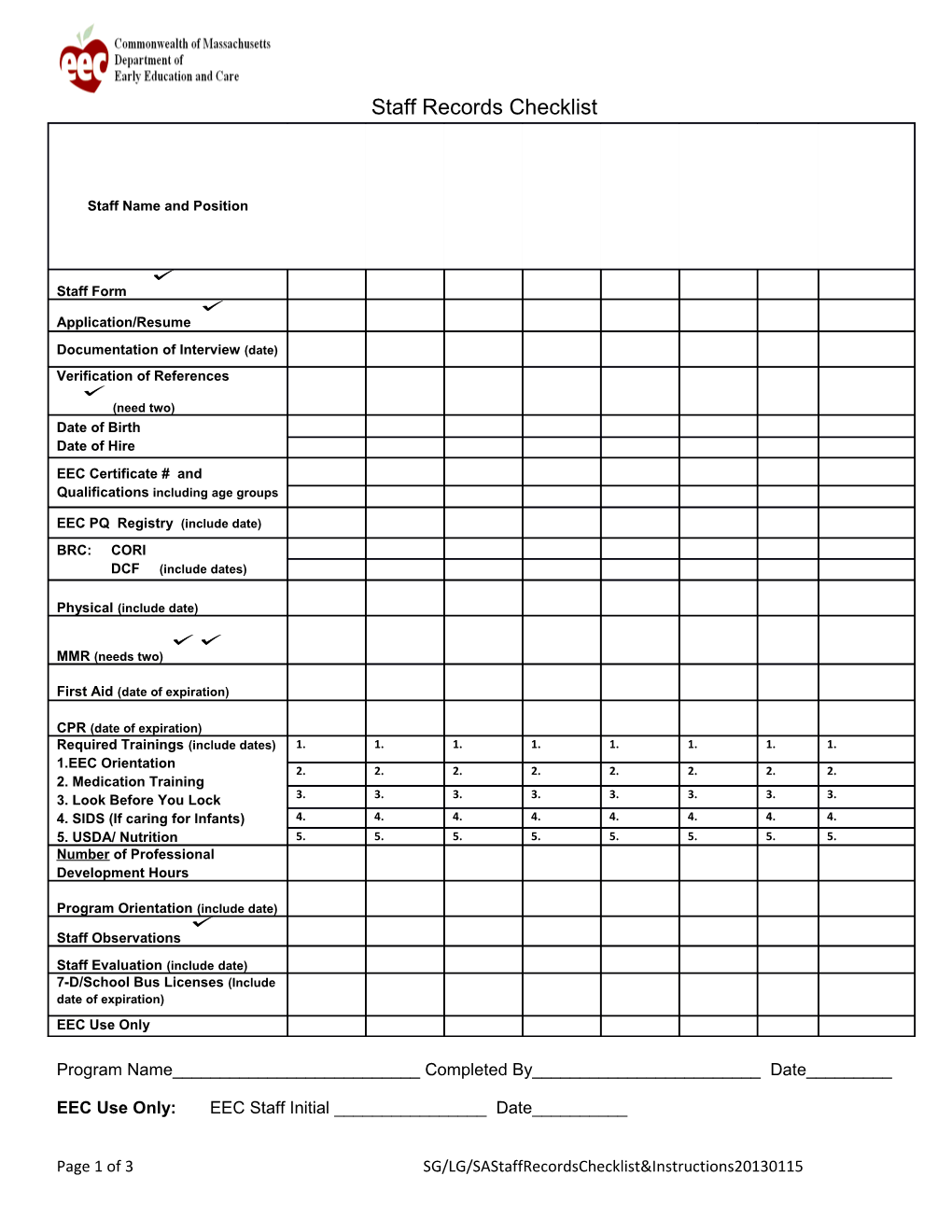 Staff Records Checklist