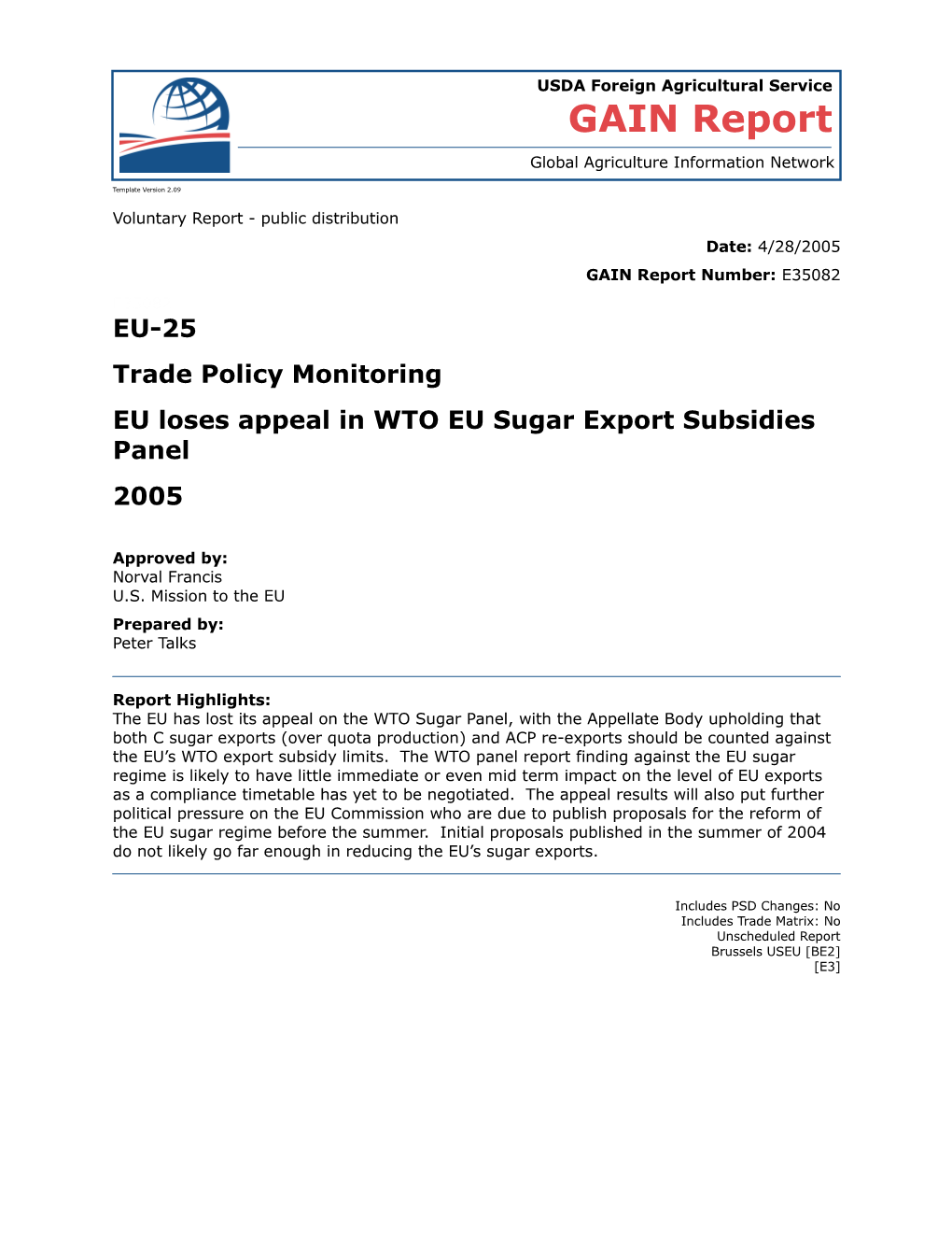 EU Loses Appeal in WTO EU Sugar Export Subsidies Panel