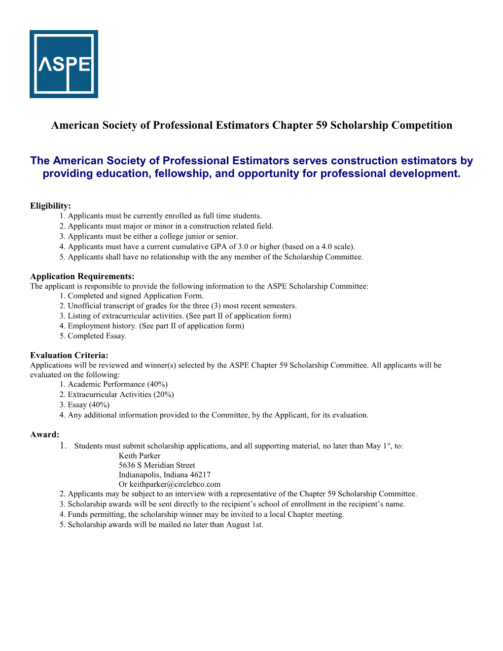 American Society of Professional Estimators Chapter 59 Scholarship Competition