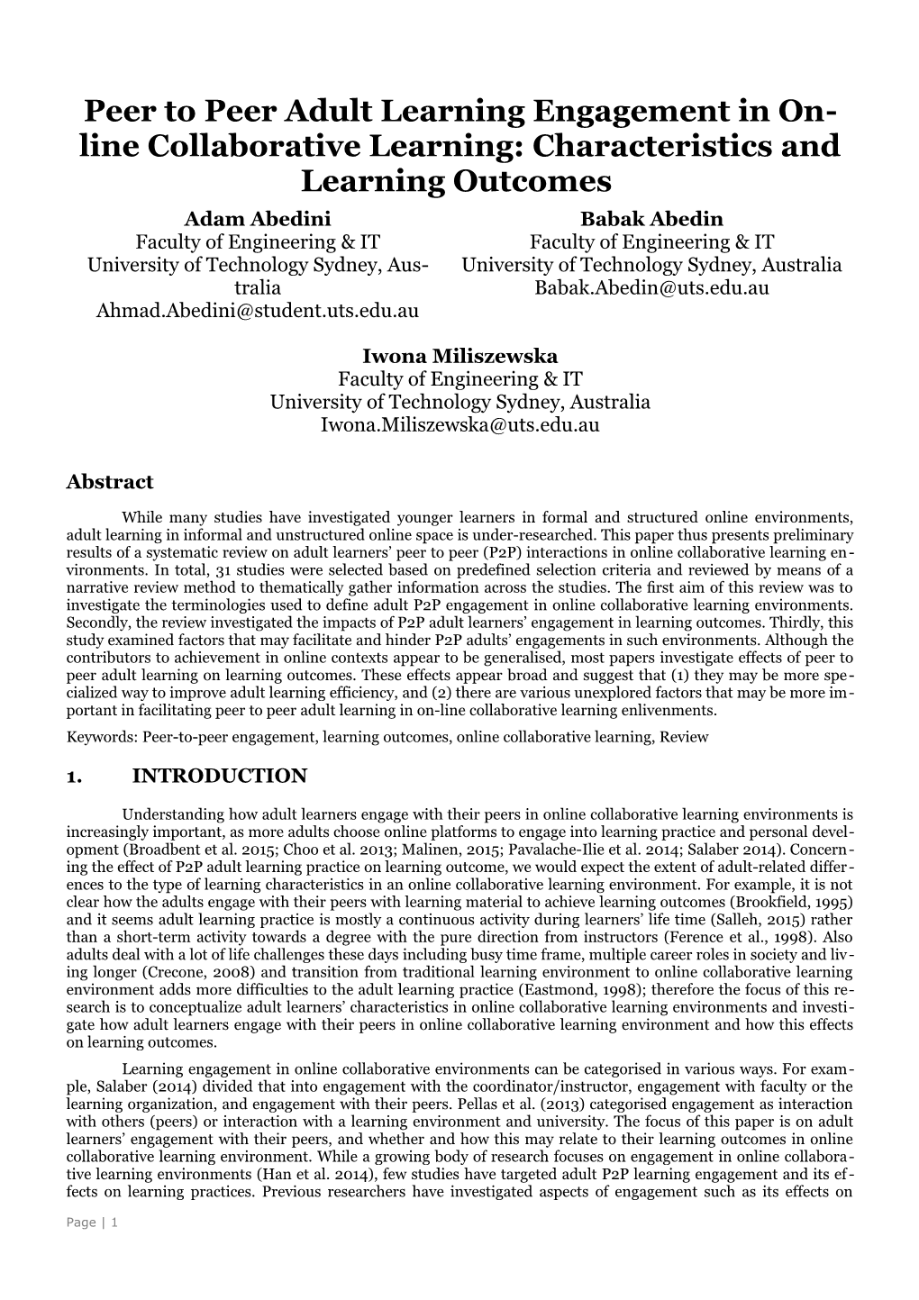 Peer to Peer Adult Learning Engagement in Online Collaborative Learning: Characteristics
