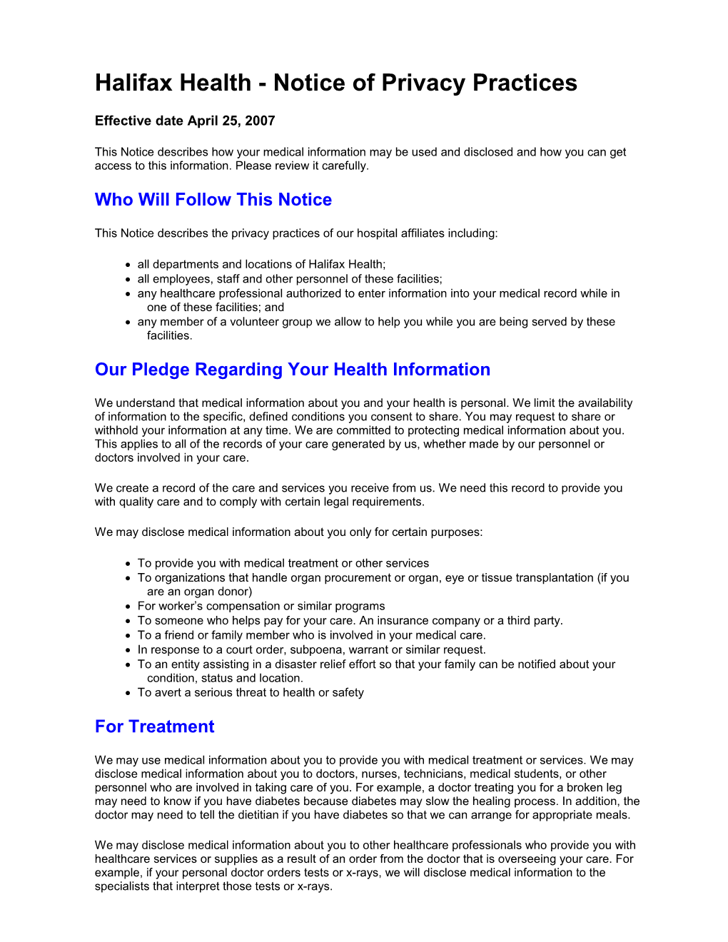 Halifax Health - Notice of Privacy Practices