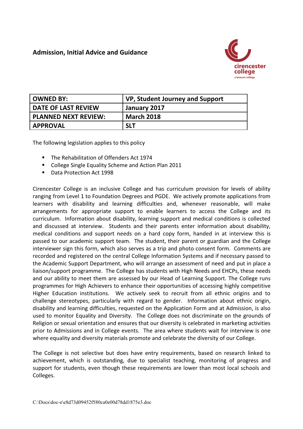 Cirencester College Admissions Policy