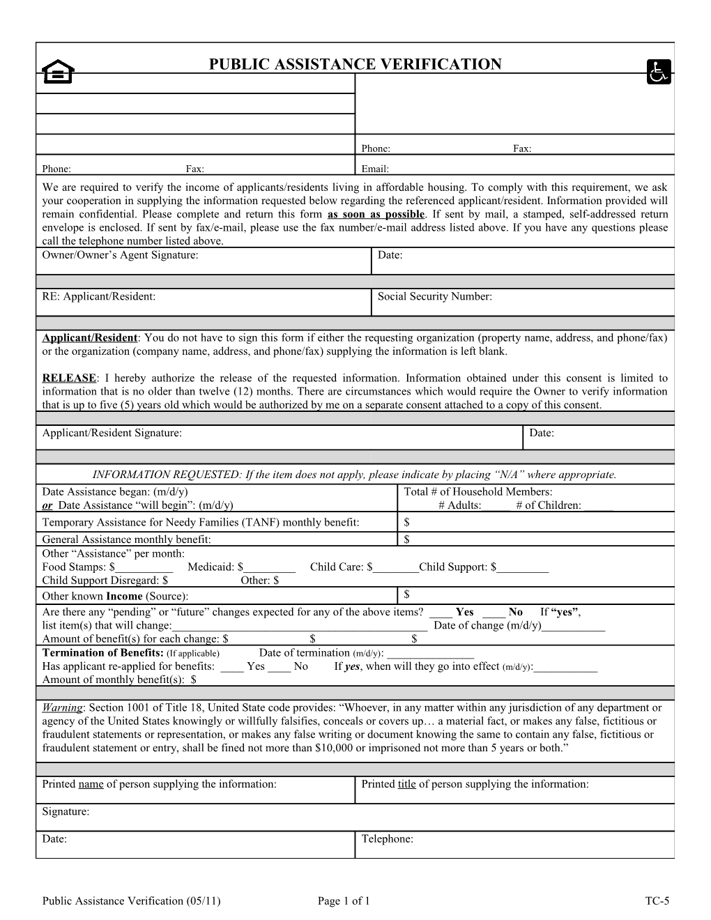 Public Assistance Verification (05/11)Page 1 of 1TC-5