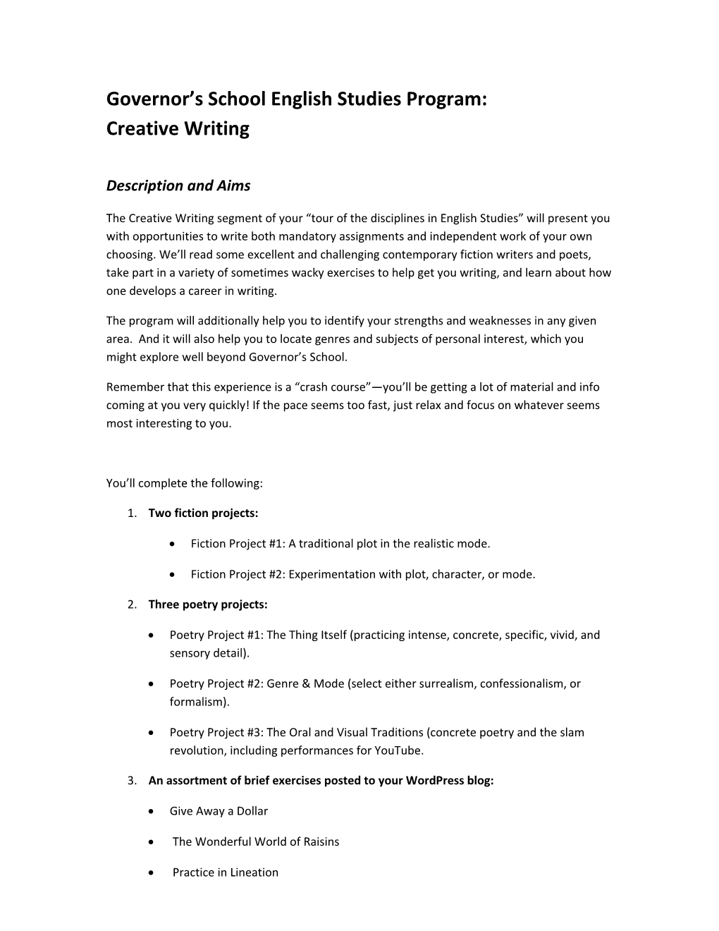 Governor S School English Studies Program: Creative Writing