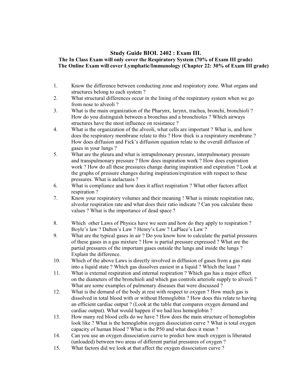 Study Guide BIOL 2402 : Exam III