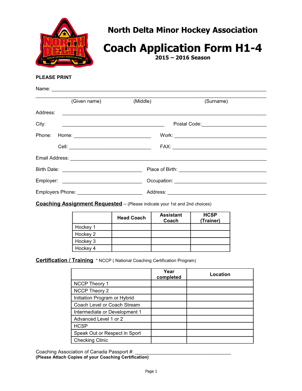 North Delta Minor Hockey Associationcoach Application 2013 2014