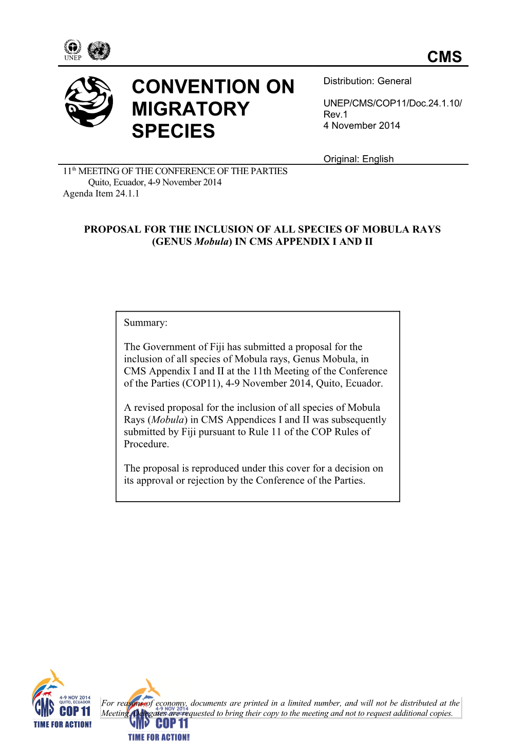 Proposal for Inclusion of the SPECIES of CHONDRICHTHYAN FISH on the Appendices of the Convention