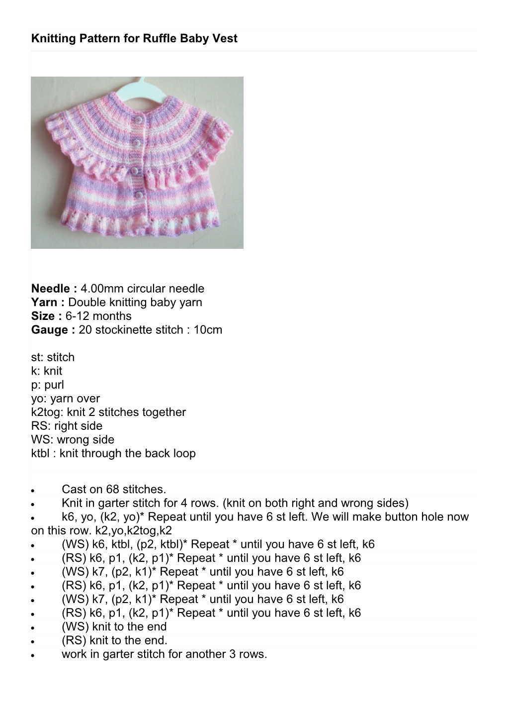 Knitting Pattern for Ruffle Baby Vest