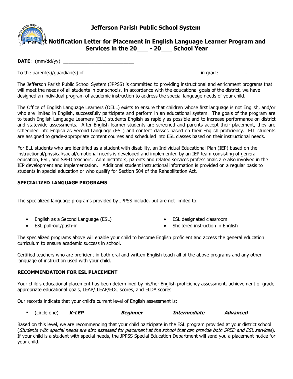 Parent Notification Letter for Placement in English Language Learner Program and Services