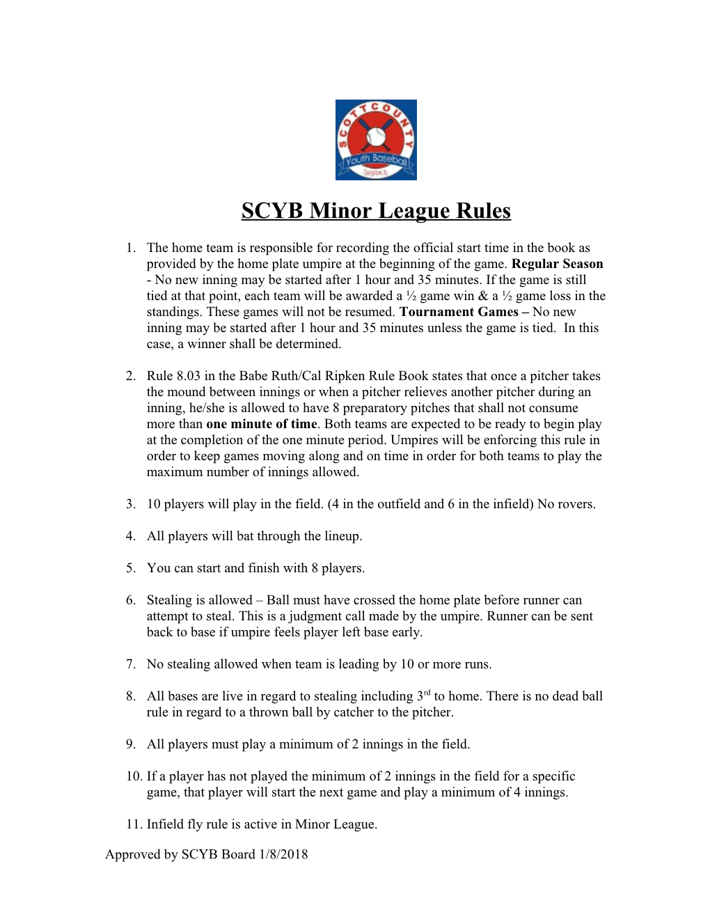 SCYB Minor League Rules